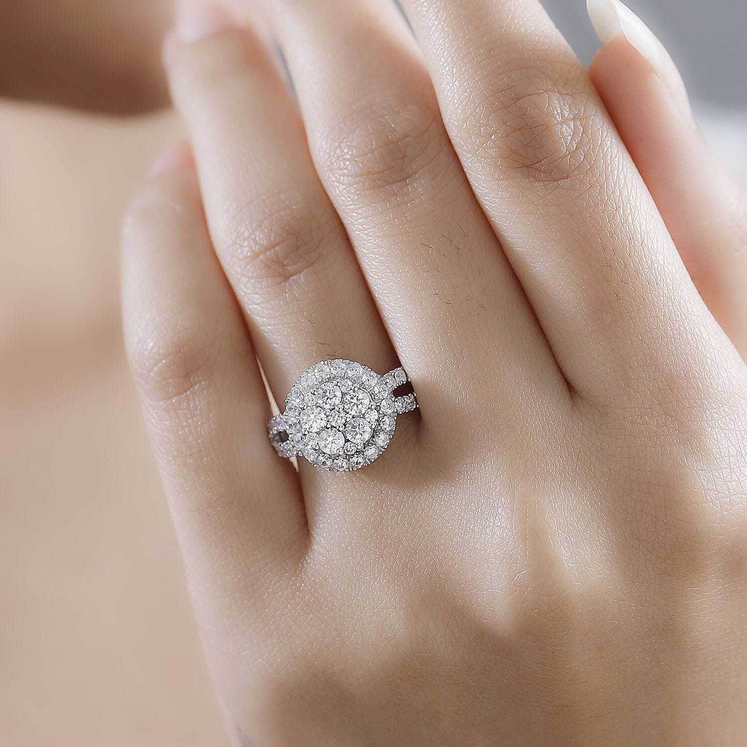 J Francis Embellished with Zirconia by Swarovski 2.40 ctw Cluster Halo Ring in Rhodium Over Sterling Silver (Size 10.0)