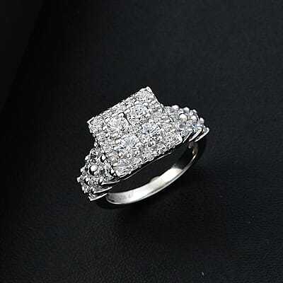 J Francis Embellished with Zirconia by Swarovski 3.80 ctw Art Deco Ring in Rhodium Over Sterling Silver (Size 10.0)