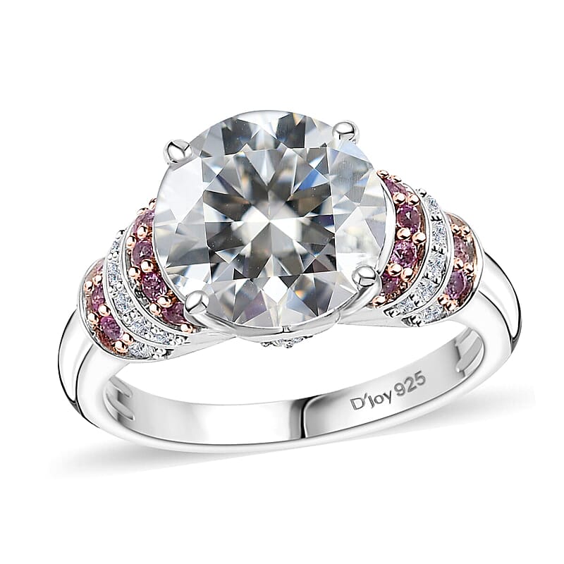 TLV Moissanite (Rnd 10mm), Pink Sapphire Ring in Rhodium Over Sterling Silver (Size 10.0) 3.80 ctw