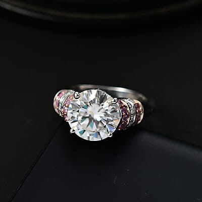 TLV Moissanite (Rnd 10mm), Pink Sapphire Ring in Rhodium Over Sterling Silver (Size 10.0) 3.80 ctw