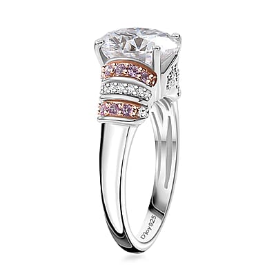 TLV Moissanite (Rnd 10mm), Pink Sapphire Ring in Rhodium Over Sterling Silver (Size 10.0) 3.80 ctw
