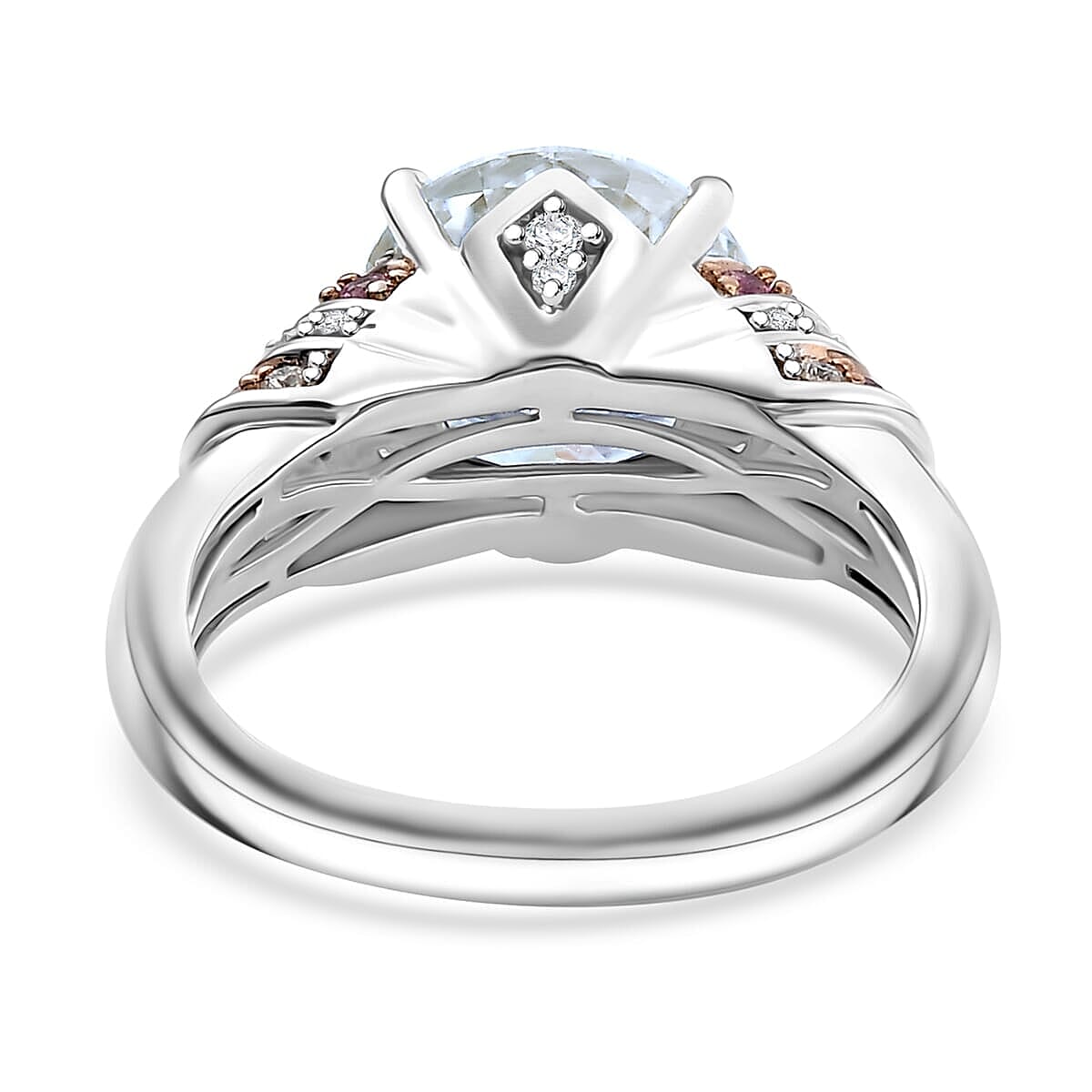 TLV Moissanite (Rnd 10mm), Pink Sapphire Ring in Rhodium Over Sterling Silver (Size 10.0) 3.80 ctw