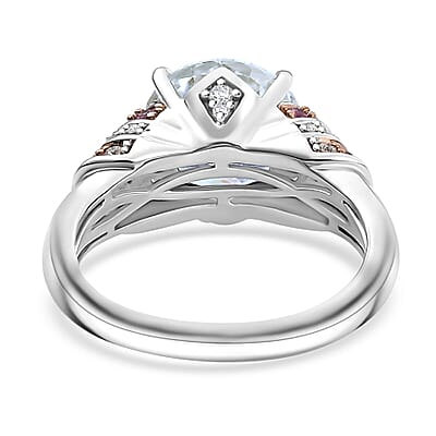 TLV Moissanite (Rnd 10mm), Pink Sapphire Ring in Rhodium Over Sterling Silver (Size 10.0) 3.80 ctw