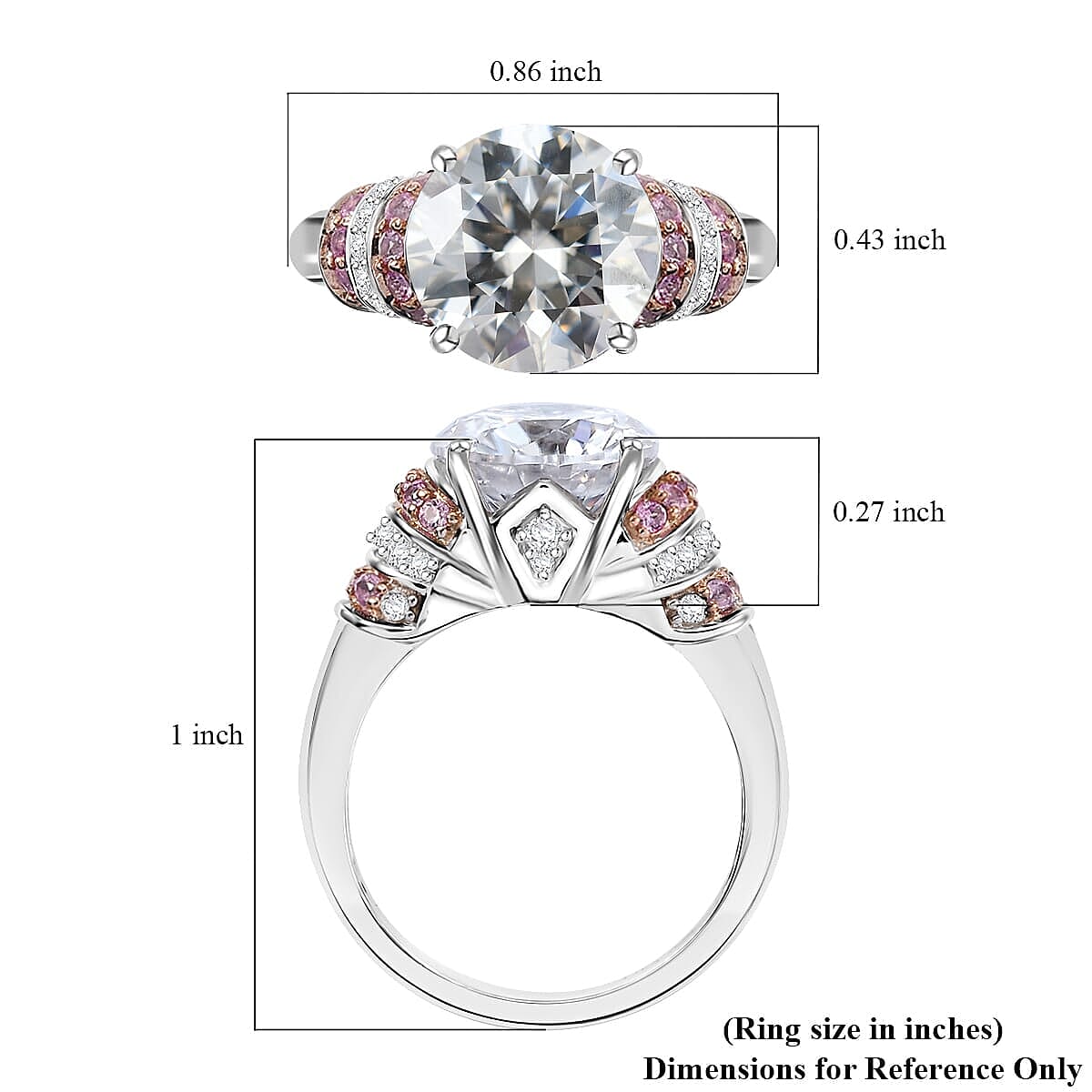 TLV Moissanite (Rnd 10mm), Pink Sapphire Ring in Rhodium Over Sterling Silver (Size 10.0) 3.80 ctw