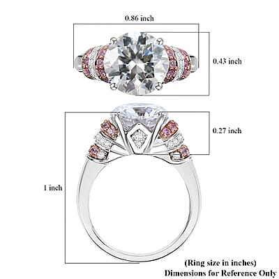TLV Moissanite (Rnd 10mm), Pink Sapphire Ring in Rhodium Over Sterling Silver (Size 10.0) 3.80 ctw