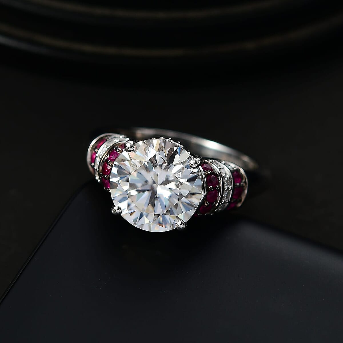 Moissanite and Red Sapphire 4.00 ctw Moonlit Grace Ring in Rhodium Over Sterling Silver (Size 7.0) image number 1