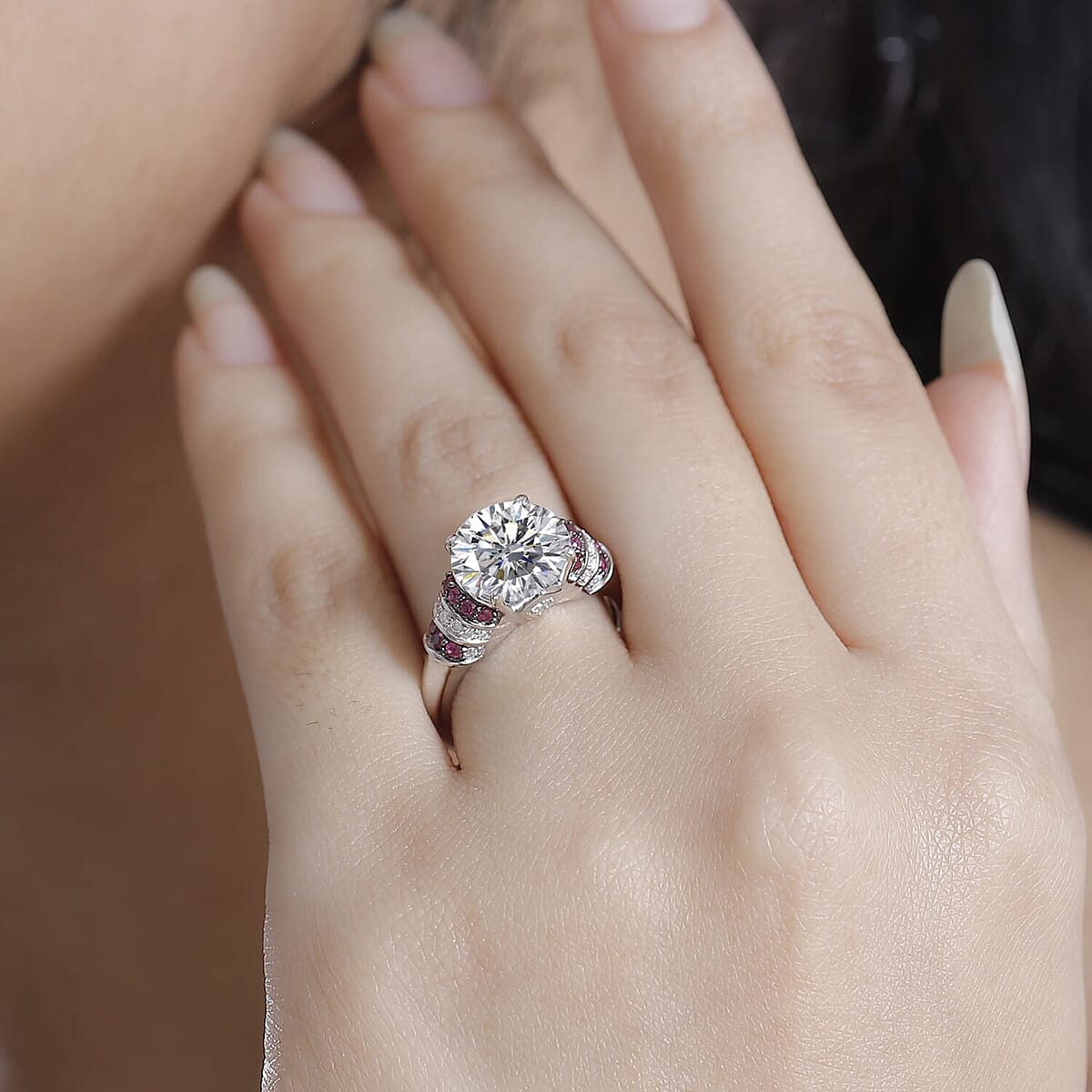 Moissanite and Red Sapphire 4.00 ctw Moonlit Grace Ring in Rhodium Over Sterling Silver (Size 7.0) image number 2