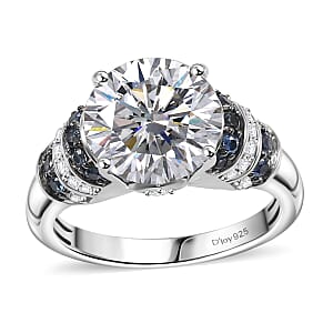 Moissanite, Blue Sapphire Ring in Rhodium Over Sterling Silver (Size 6.0) 3.80 ctw