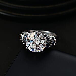 Moissanite, Blue Sapphire Ring in Rhodium Over Sterling Silver (Size 6.0) 3.80 ctw
