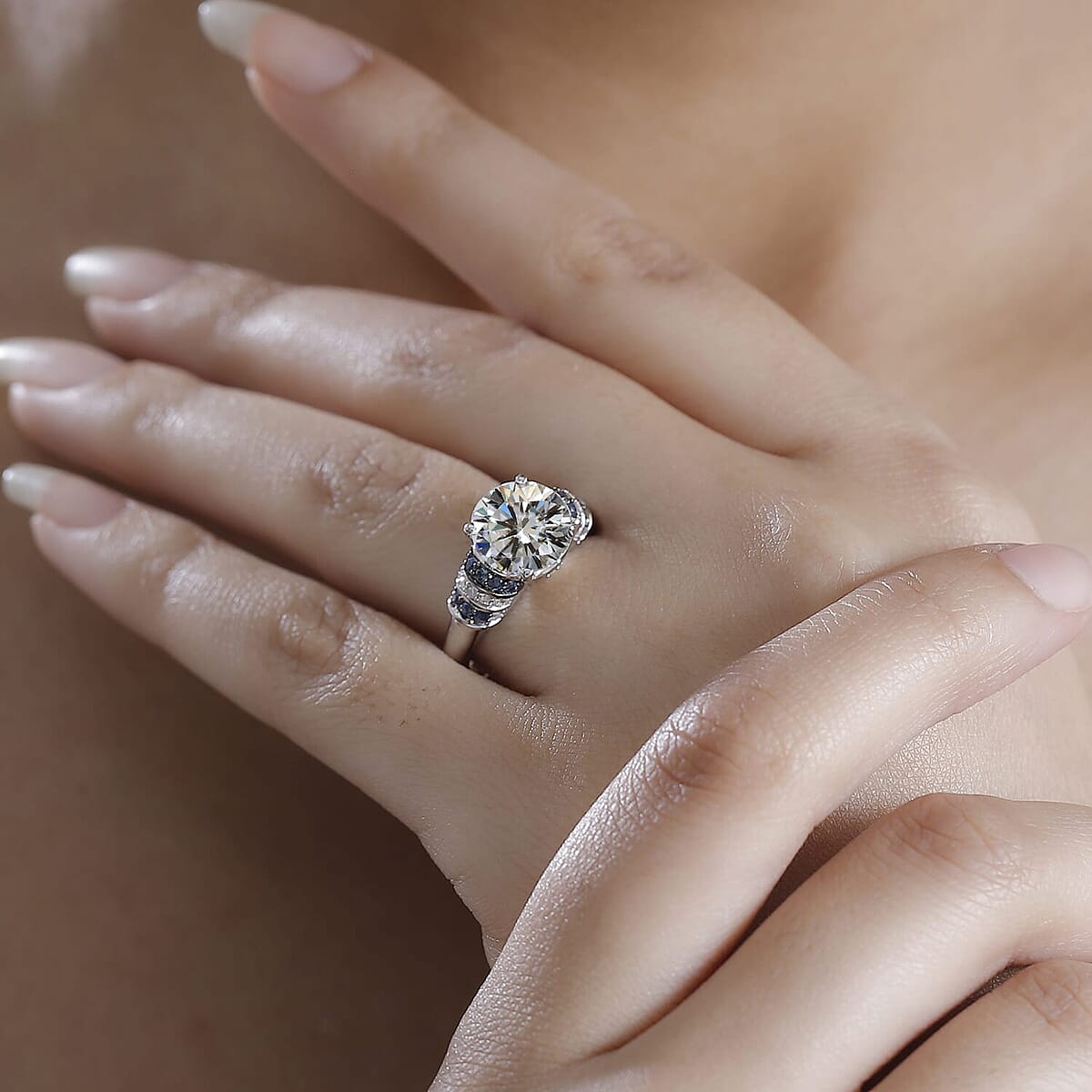 Moissanite, Blue Sapphire Ring in Rhodium Over Sterling Silver (Size 6.0) 3.80 ctw image number 2