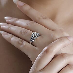 Moissanite, Blue Sapphire Ring in Rhodium Over Sterling Silver (Size 8.0) 3.80 ctw