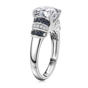 Moissanite, Blue Sapphire Ring in Rhodium Over Sterling Silver (Size 9.0) 3.80 ctw