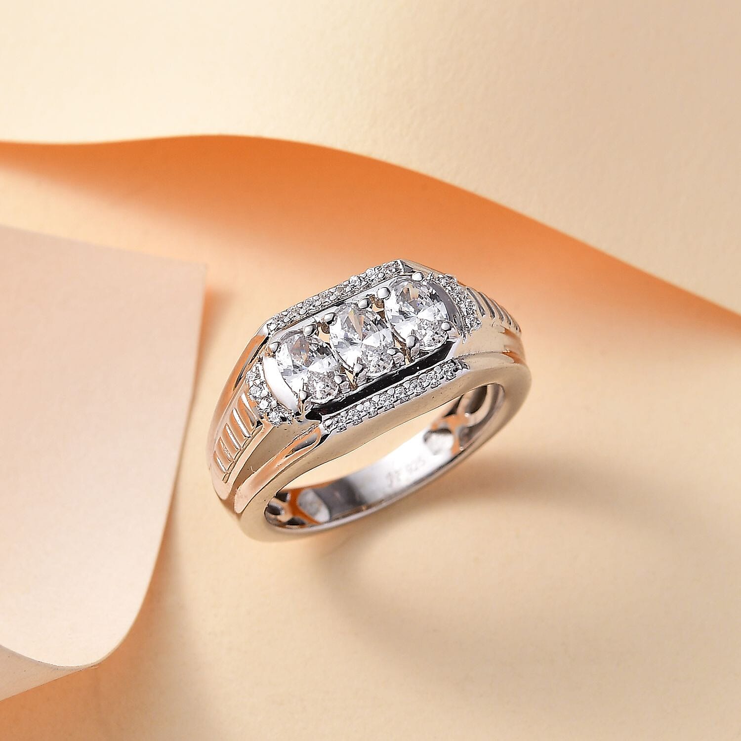 J Francis Embellished with Zirconia by Swarovski 2.25 ctw Art Deco Men's Ring in Rhodium Over Sterling Silver (Size 10.0) 