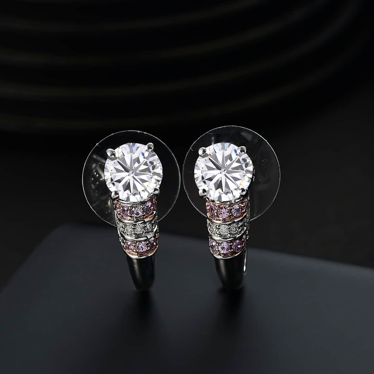 Moissanite and Pink Sapphire 2.85 ctw Moonlit Grace Earrings in Rhodium Over Sterling Silver image number 1