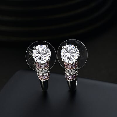 Moissanite and Pink Sapphire 2.85 ctw Moonlit Grace Earrings in Rhodium Over Sterling Silver