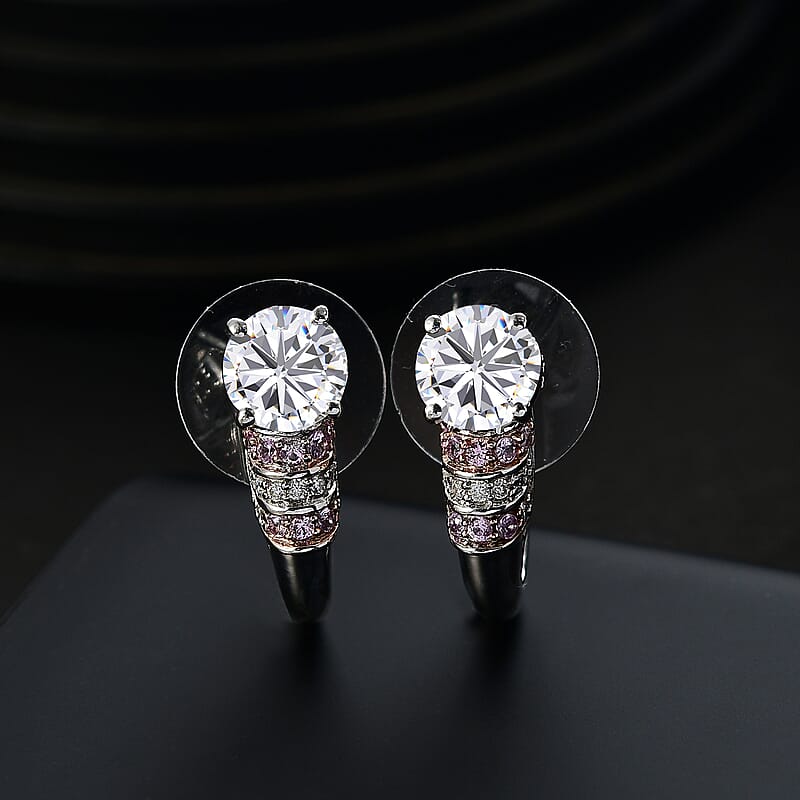 Moissanite and Pink Sapphire 2.85 ctw Moonlit Grace Earrings in Rhodium Over Sterling Silver