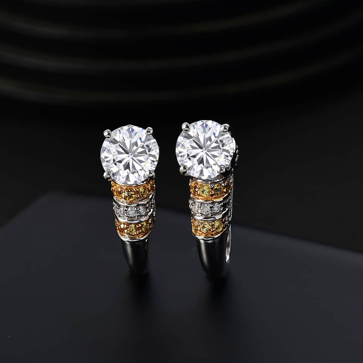 Moissanite and Yellow Sapphire 2.65 ctw Moonlit Grace Earrings in Rhodium Over Sterling Silver image number 1