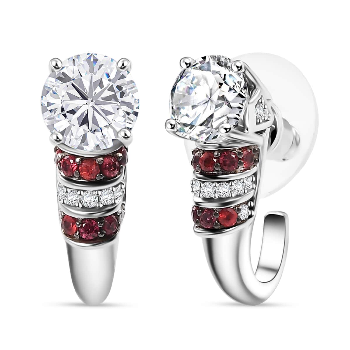 Moissanite and Red Sapphire 2.90 ctw Moonlit Grace Earrings in Rhodium Over Sterling Silver image number 0