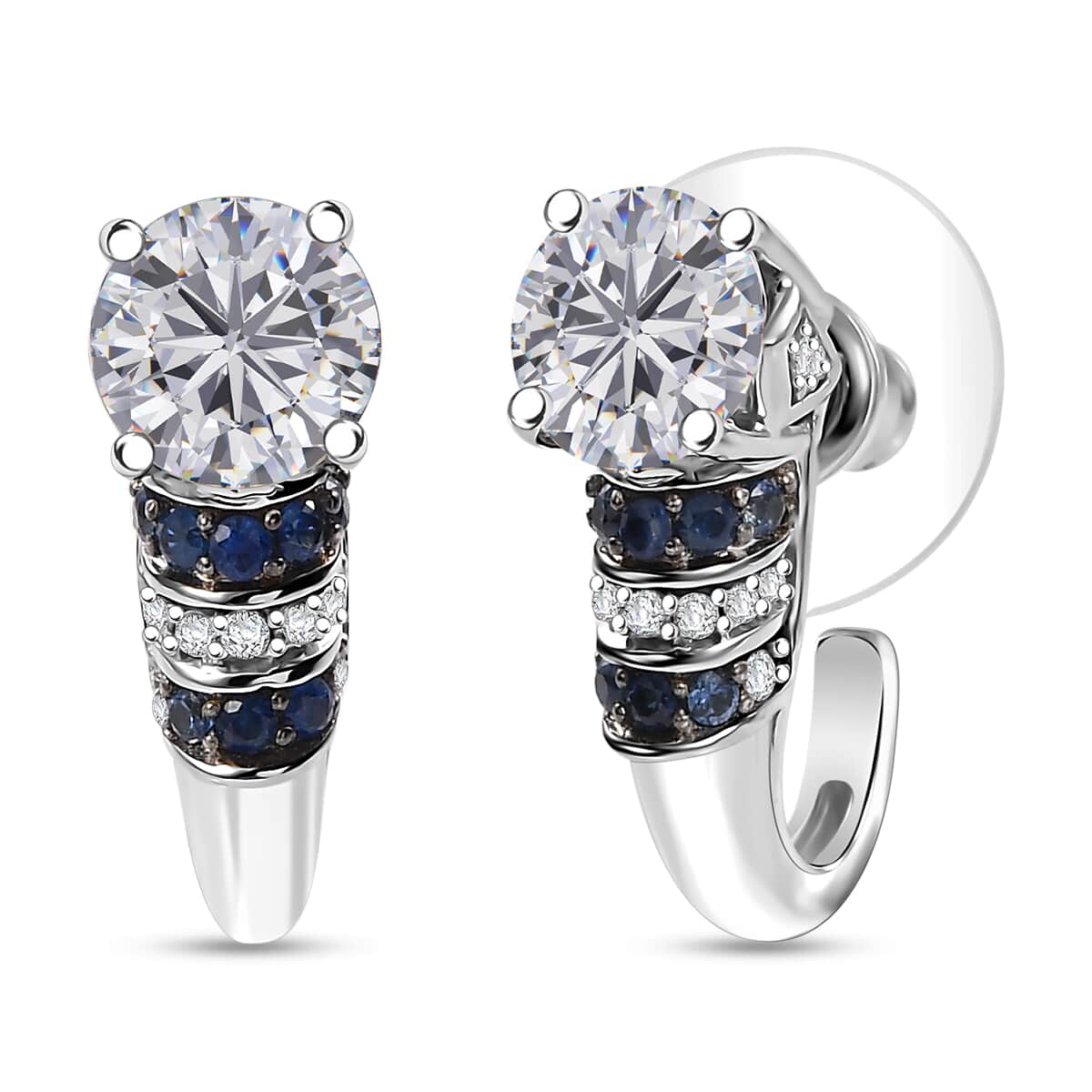 Moissanite and Blue Sapphire 2.90 ctw Moonlit Grace Earrings in Rhodium Over Sterling Silver image number 0