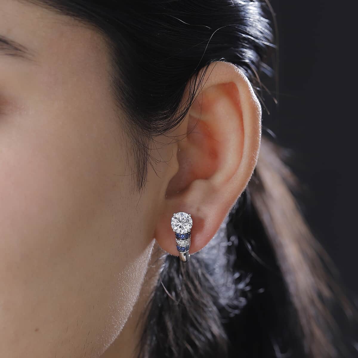 Moissanite and Blue Sapphire 2.90 ctw Moonlit Grace Earrings in Rhodium Over Sterling Silver image number 2