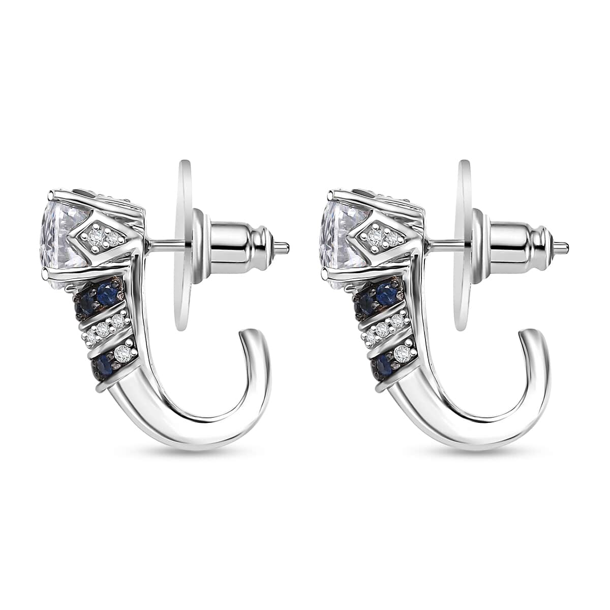 Moissanite and Blue Sapphire 2.90 ctw Moonlit Grace Earrings in Rhodium Over Sterling Silver image number 3