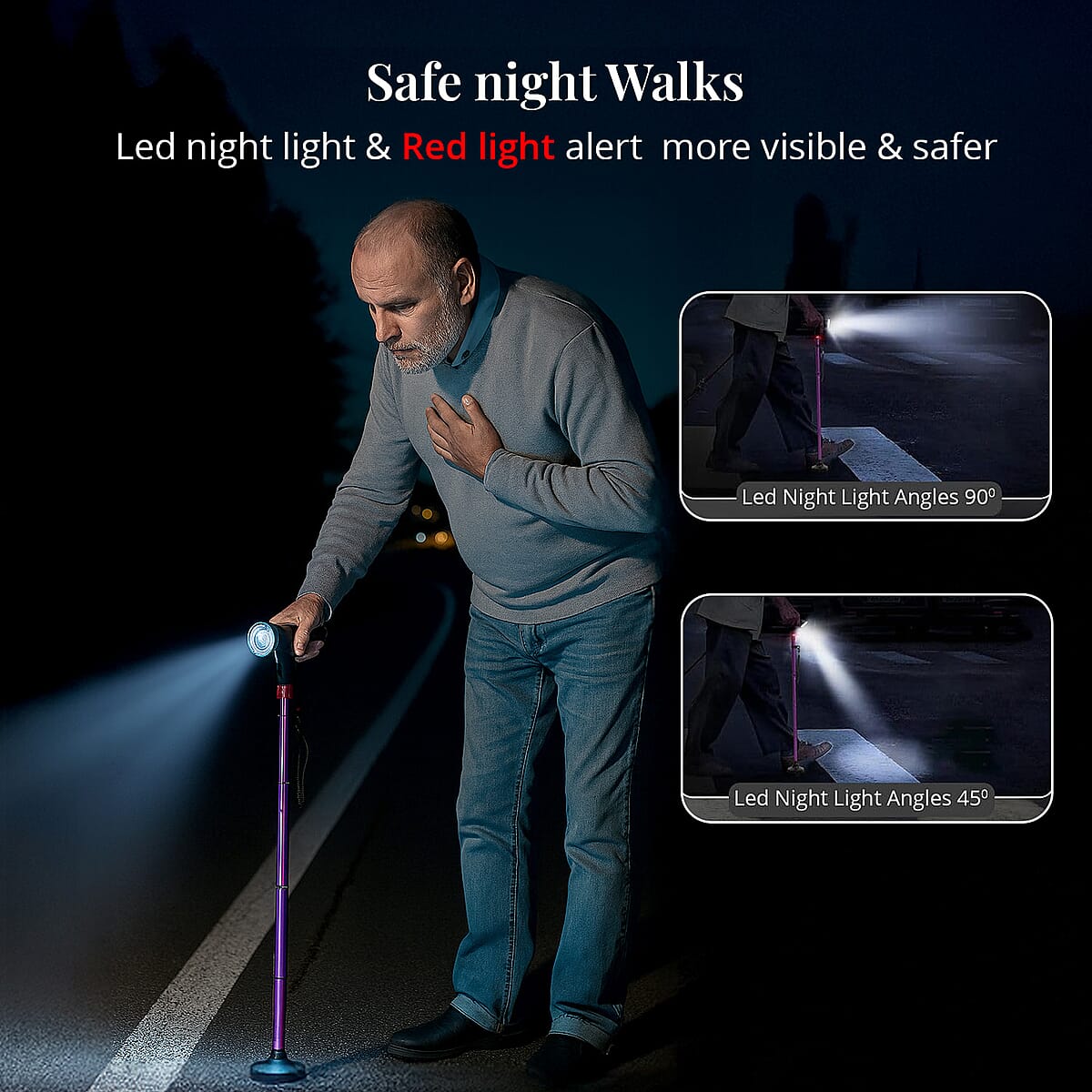 Soulsmart Purple 2 Handles Foldable Smart Easy Up Cane with LED Light (2xAAA Batteries Not Included) image number 2