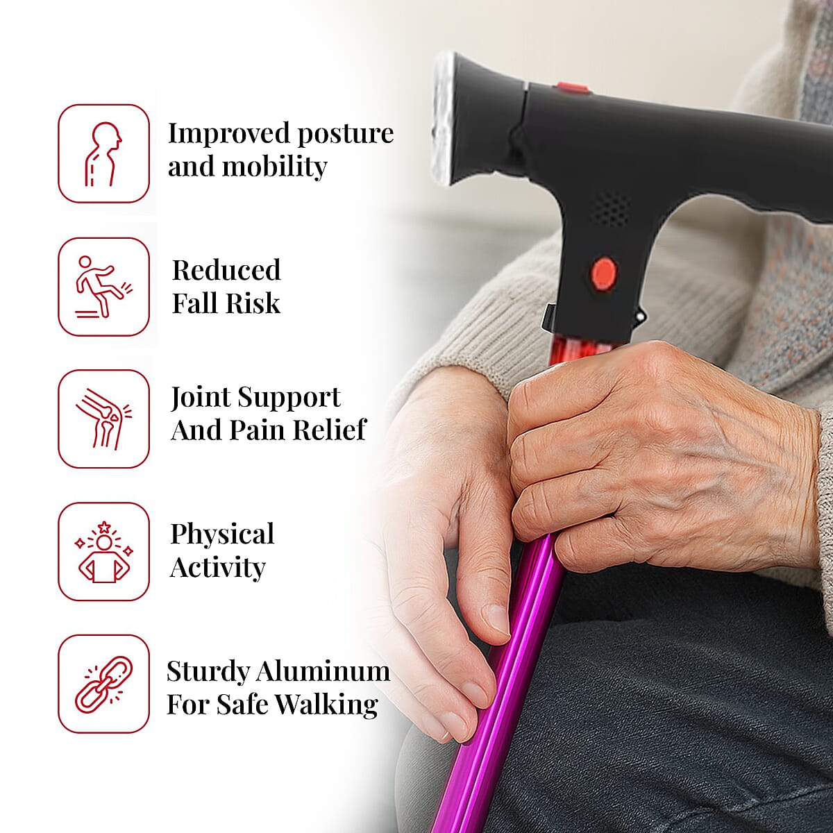 Soulsmart Purple 2 Handles Foldable Smart Easy Up Cane with LED Light (2xAAA Batteries Not Included) image number 3