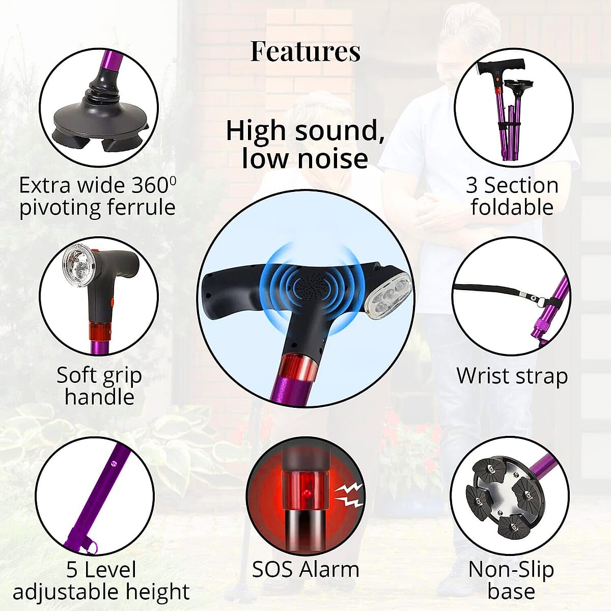 Soulsmart Purple 2 Handles Foldable Smart Easy Up Cane with LED Light (2xAAA Batteries Not Included) image number 5