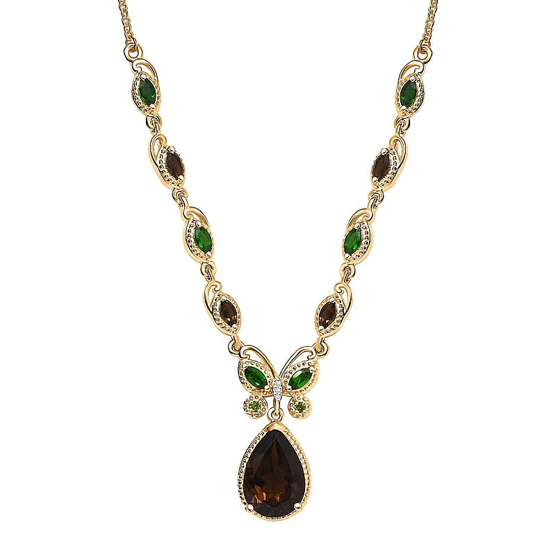 Karis Brazilian Smoky Quartz and Multi Gemstone 6.25 ctw Butterfly Necklace in 18K YG Plated and Stainless Steel 18 Inches
