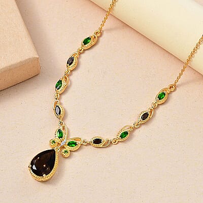 Karis Brazilian Smoky Quartz and Multi Gemstone 6.25 ctw Butterfly Necklace in 18K YG Plated and Stainless Steel 18 Inches