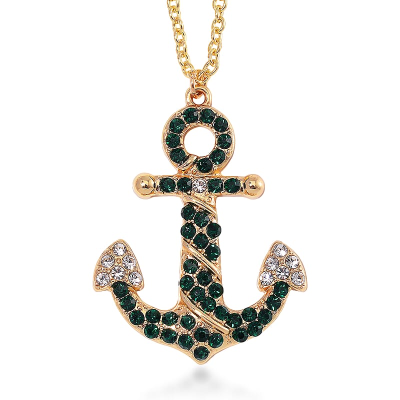 White and Green Austrian Crystal Anchor Pendant Necklace in Goldtone 24 Inches