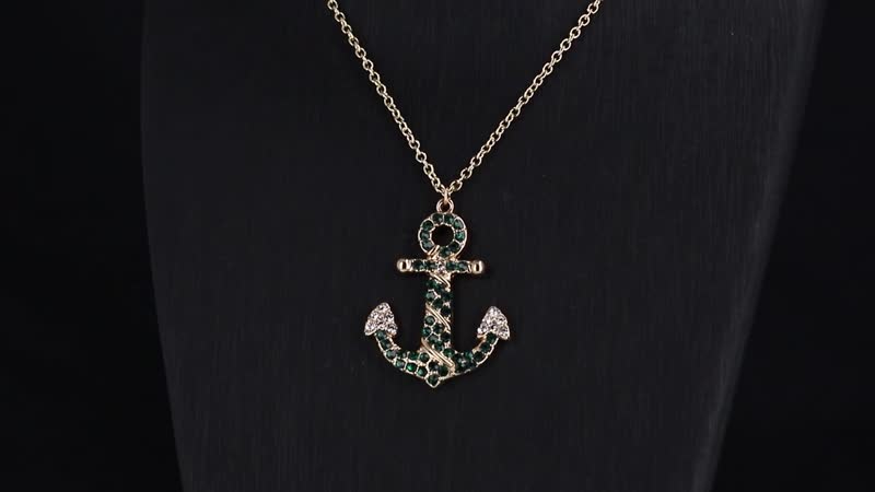 White and Green Austrian Crystal Anchor Pendant Necklace in Goldtone 24 Inches