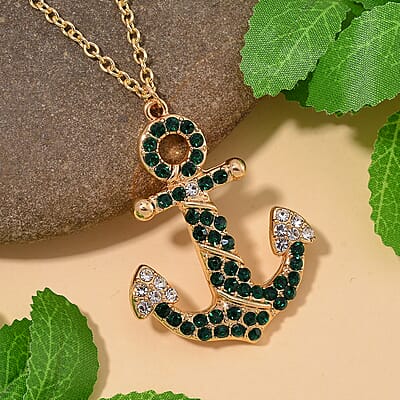 White and Green Austrian Crystal Anchor Pendant Necklace in Goldtone 24 Inches