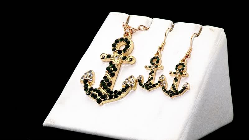 White and Green Austrian Crystal Anchor Pendant Necklace in Goldtone 24 Inches