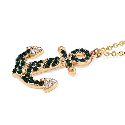 White and Green Austrian Crystal Anchor Pendant Necklace in Goldtone 24 Inches