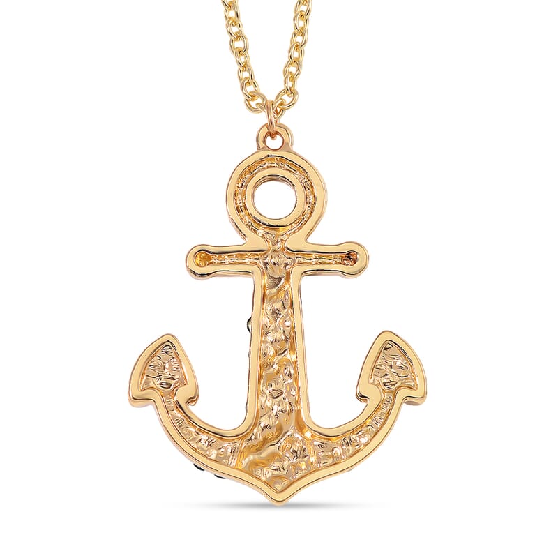 White and Green Austrian Crystal Anchor Pendant Necklace in Goldtone 24 Inches