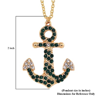 White and Green Austrian Crystal Anchor Pendant Necklace in Goldtone 24 Inches