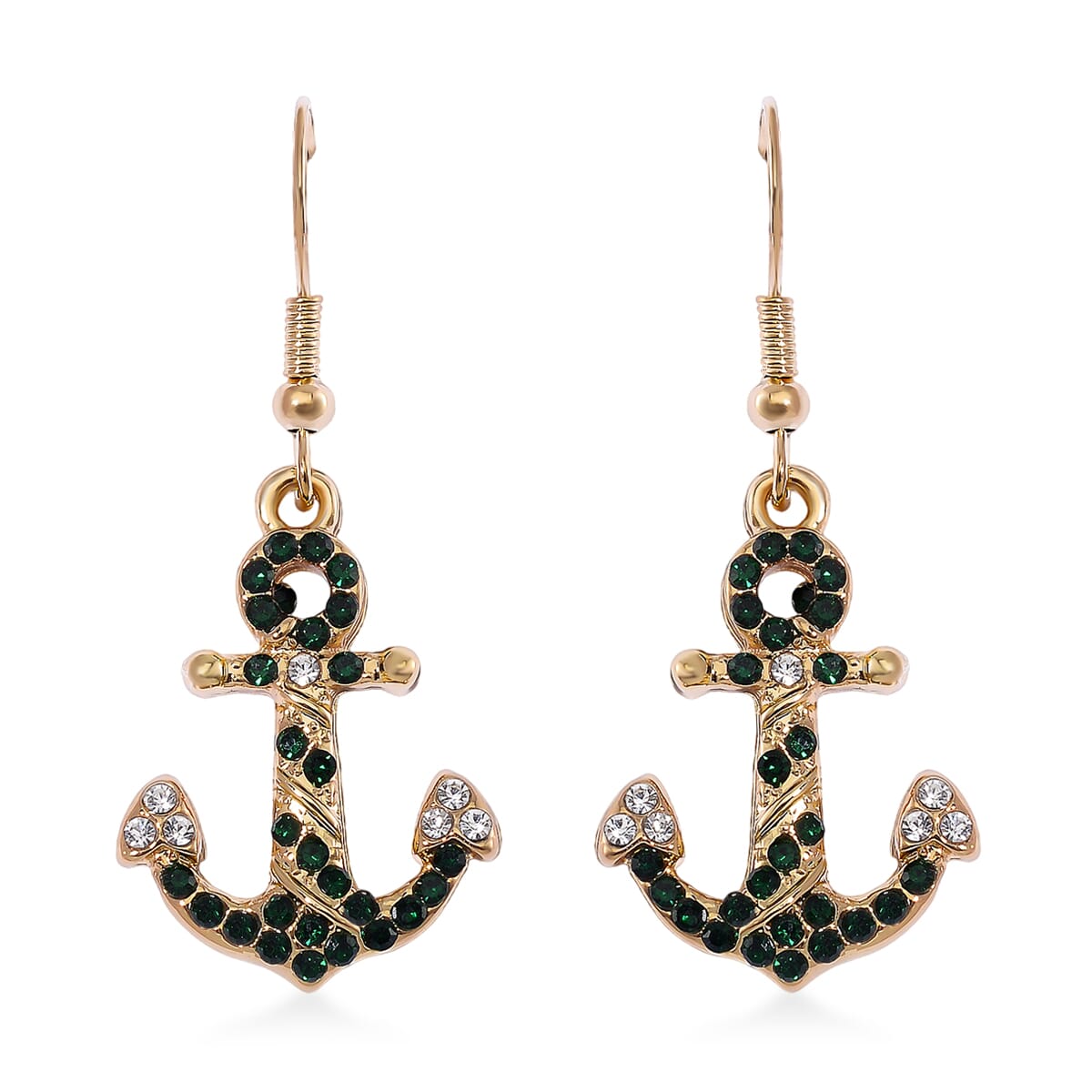 Value Buy White and Green Austrian Crystal Anchor Earrings in Goldtone image number 0