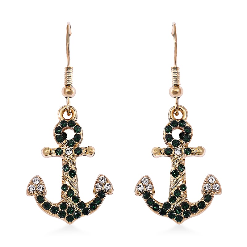 White and Green Austrian Crystal Anchor Earrings in Goldtone