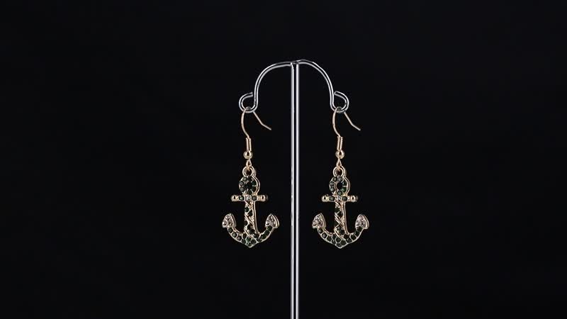 White and Green Austrian Crystal Anchor Earrings in Goldtone