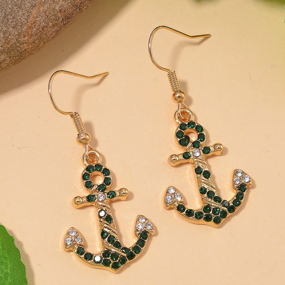 Value Buy White and Green Austrian Crystal Anchor Earrings in Goldtone image number 1