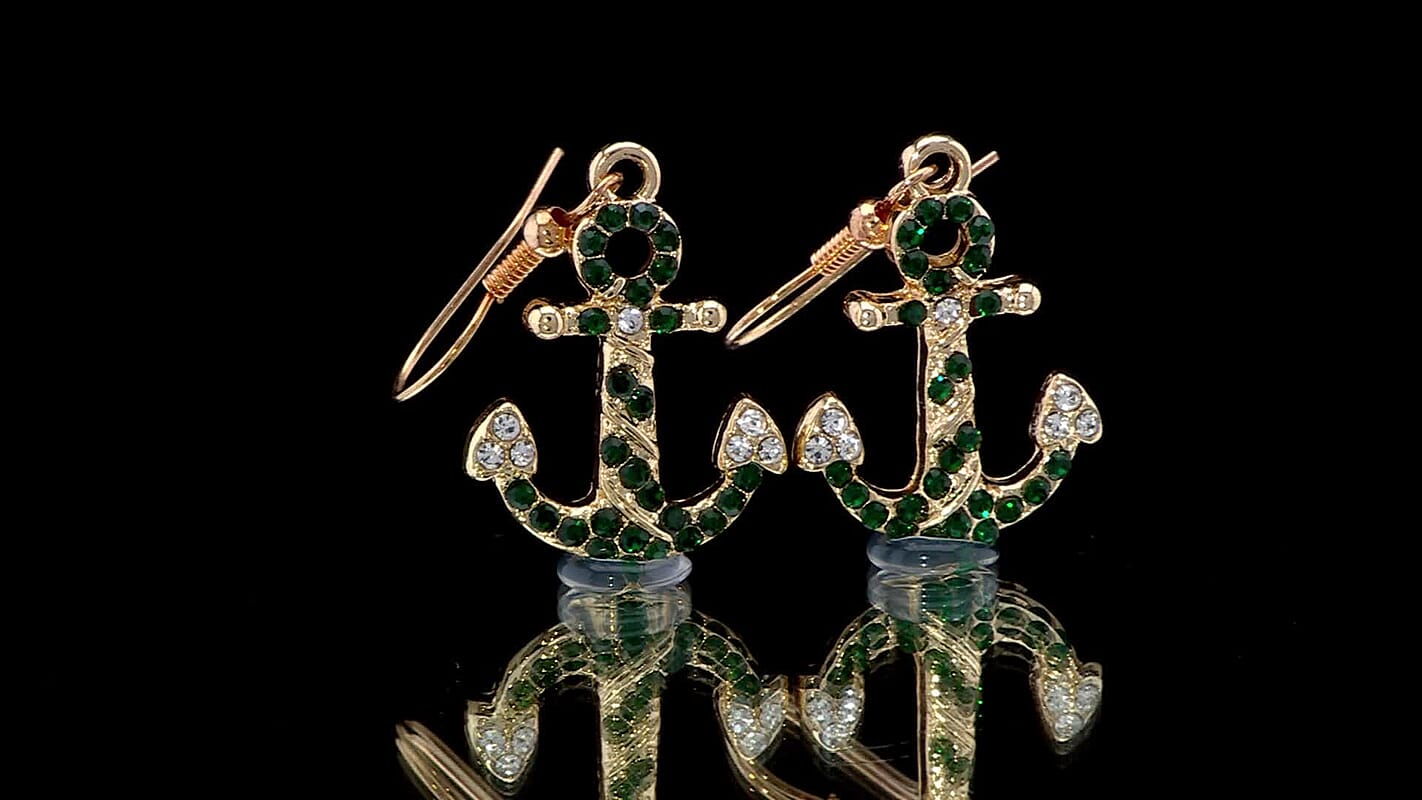White and Green Austrian Crystal Anchor Earrings in Goldtone