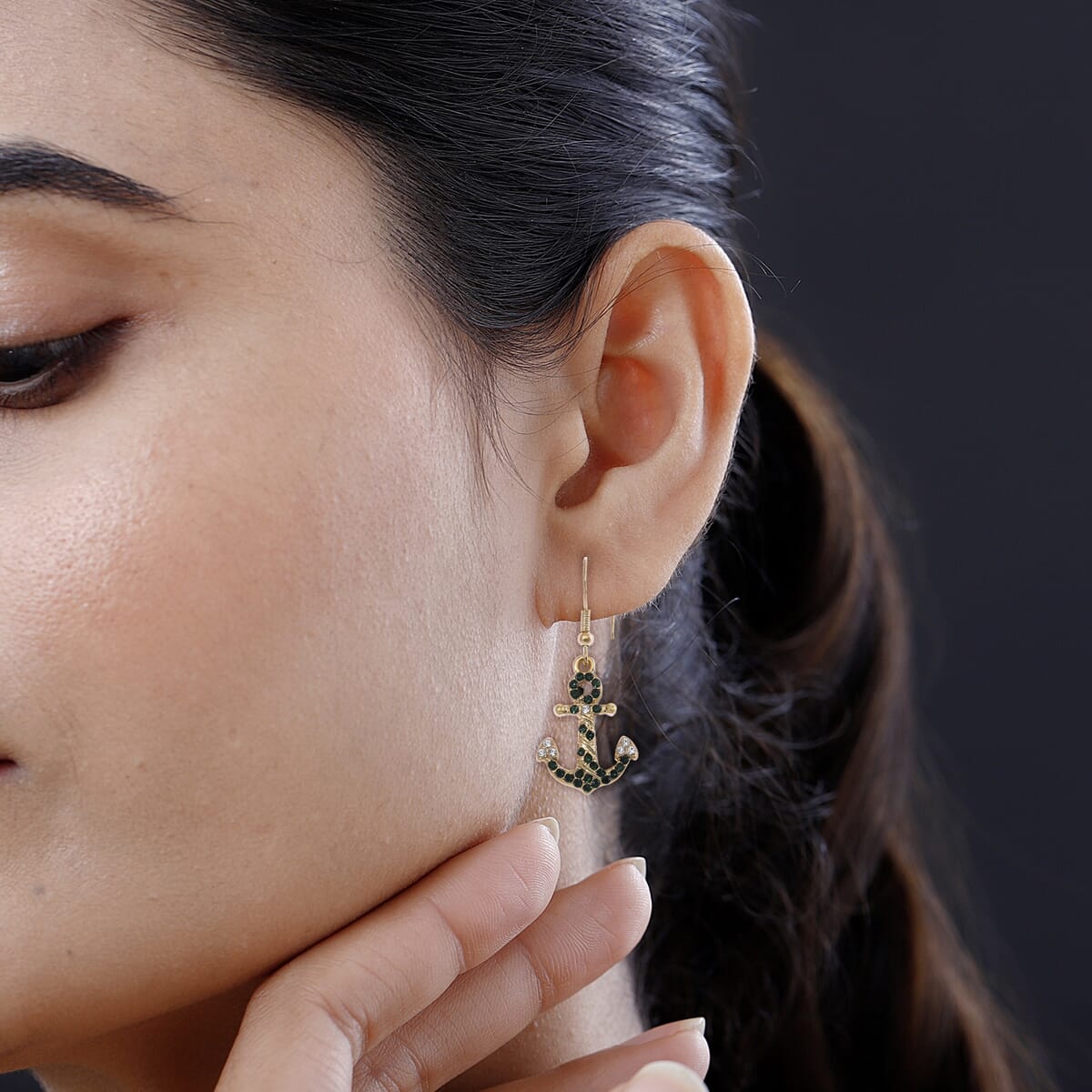Value Buy White and Green Austrian Crystal Anchor Earrings in Goldtone image number 2