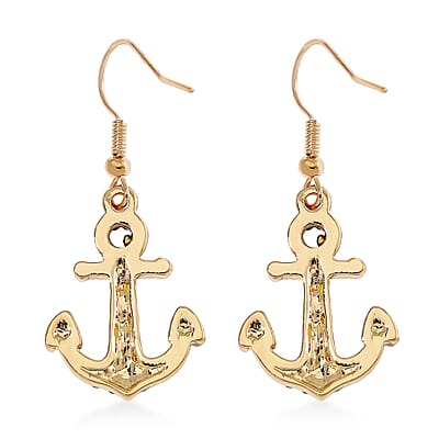White and Green Austrian Crystal Anchor Earrings in Goldtone