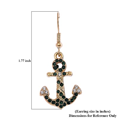 White and Green Austrian Crystal Anchor Earrings in Goldtone