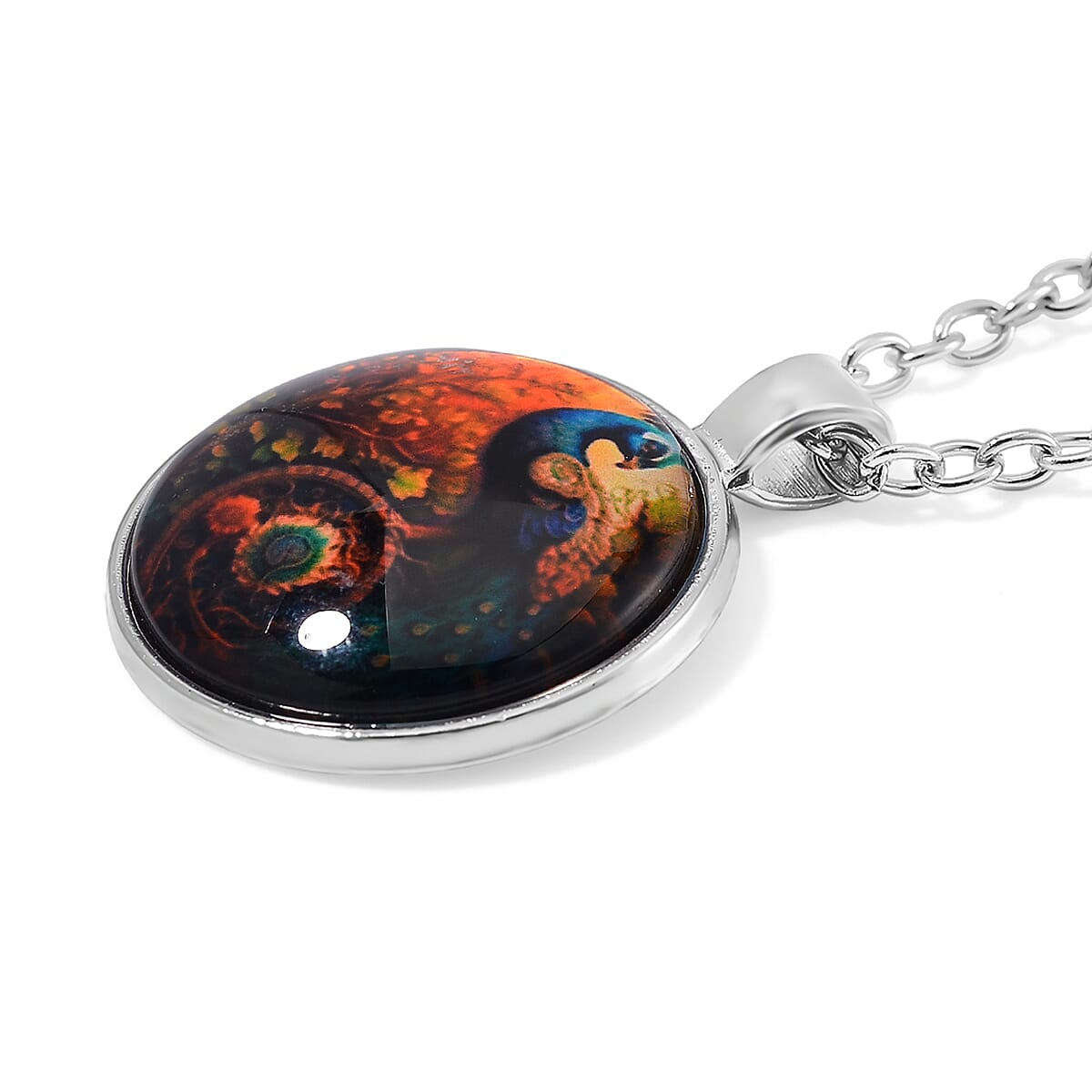 Glass and Enameled Peacock Pendant Necklace in Silvertone 20-22 Inches image number 3