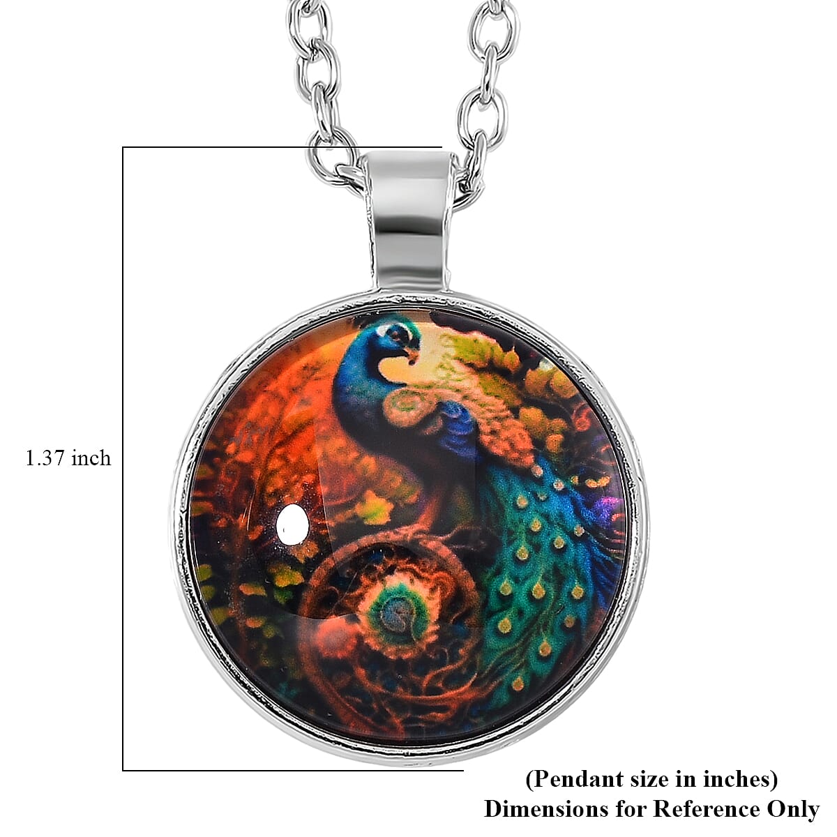 Glass and Enameled Peacock Pendant Necklace in Silvertone 20-22 Inches image number 6