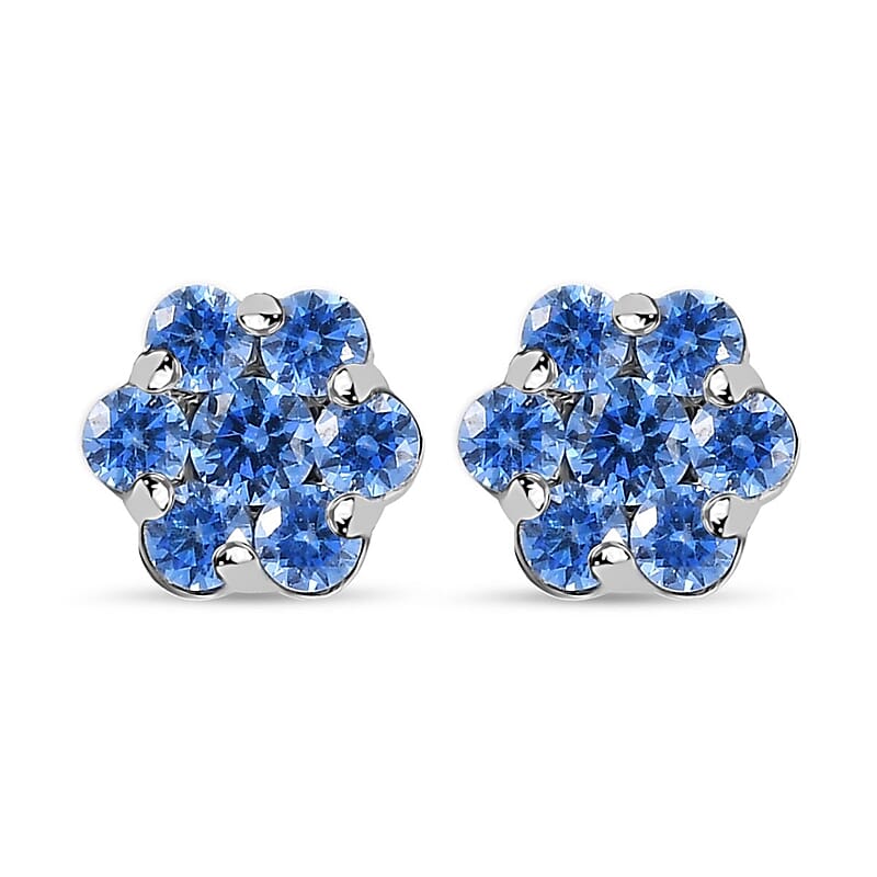 J Francis Embellished with Arctic Blue Crystal by Swarovski Blooming Flower Earrings in Rhodium Over Sterling Silver