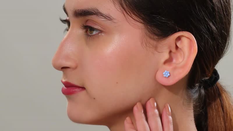 J Francis Embellished with Arctic Blue Crystal by Swarovski Blooming Flower Earrings in Rhodium Over Sterling Silver