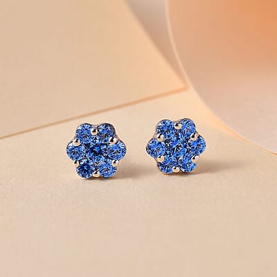 J Francis Embellished with Arctic Blue Crystal by Swarovski Blooming Flower Earrings in Rhodium Over Sterling Silver